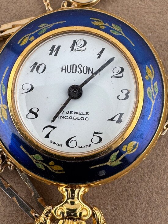 Vintage Hudson Gold Plated Pendant Watch with Blue Guilloche & Red Flower Motifs